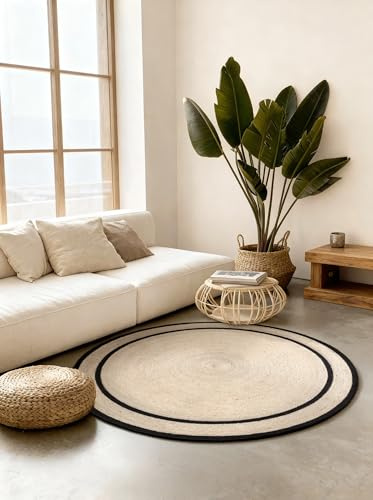 Hanse Home Lina Juteteppich - Natur Wohnzimmereppich Rund aus 100% Jute, Handgewebt, Bordüre, Robust & Pflegeleicht, Naturfaser Teppich für Wohnzimmer, Schlafzimmer - Natur Elfenbein Schwarz, Ø200cm