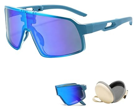Beafaeur Occhiali da Sole Ciclismo Bambini 3-12 Anni, Pieghevoli, Protezione UV400,Occhiali Sole Sportivi con Custodia e Panno, per Sci Ciclismo Corsa Sport All'aperto(Blu)