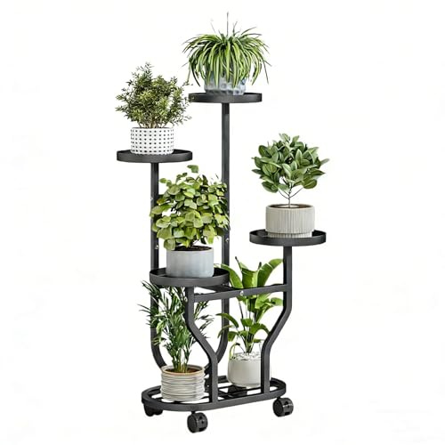 FALFFS Metal Plant Stand With Wheels, Heavy Duty Indoor Outdoor Flower Pot Holder, Portable Corner Plant Display Rack For Living Room Balcony Garden Patio (black, 5-Tier, wheels)