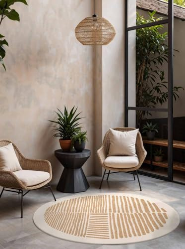 Ted Baker Flachgewebe Teppich Bounds Rund - Wendeteppich Outdoor geeignet, Pflegeleichter Wohnzimmerteppich, Modern, Streifen Muster für Wohnzimmer, Terrasse, Esszimmer, Balkon - Jute Weiß, Ø200 cm