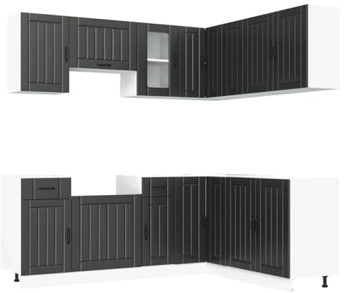 ULUYYUC 11-TLG. Küchenzeile Lucca Schwarz Holzwerkstoff Glasfront Eck- & Spülenunterschrank 80x46x81,5 cm Mini-Küche Single