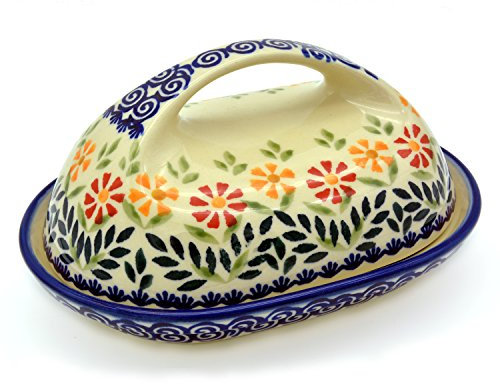 Original Bunzlauer Keramik-Butterdose für 250 g oval mit grossem Griff (Dekor Adelheid)