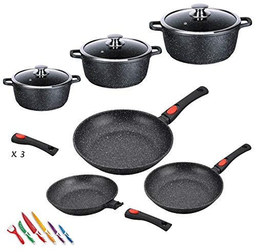 Kamberg 0008161 Topfset 12-teilig, 3 Pfannen / 3 Töpfe, Aluguss, Steinbeschichtung, für alle Herde, auch Induktion, PFOA frei