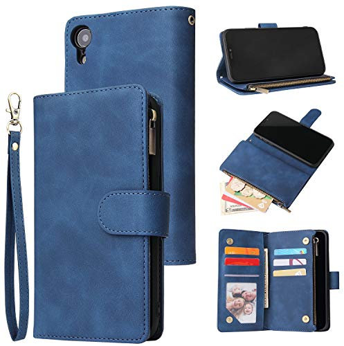 UEEBAI Wallet Case for iPhone XR, Premium Vintage PU Leather Magnetic Closure Handbag Zipper Pocket Case Kickstand Card Holder Slots with Wrist Strap TPU Shockproof Flip Cover - Blue
