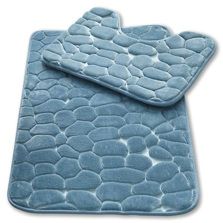 GC GAVENO CAVAILIA Pebble Stone Bath Mat Non Slip | 2Piece Memory Foam Bath Mat Set Washable Rug Super Absorbent Shower Pedestal Mat | Quick Dry Bathroom Toilet Mat Sets BathMat, Aqua