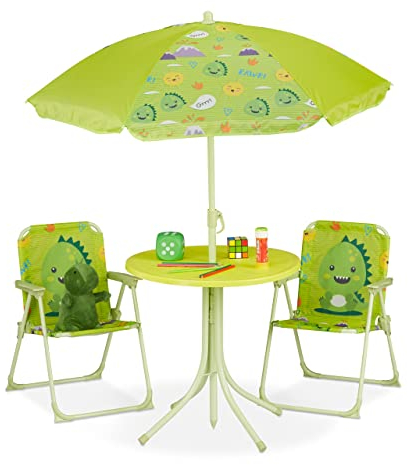 Relaxdays Camping Kindersitzgruppe, Monster Motiv, Kindersitzgarnitur mit Schirm, Klappstühlen & Tisch, Garten, grün