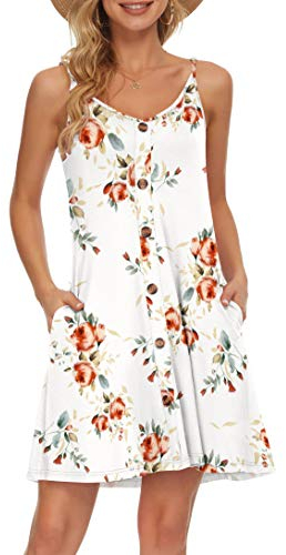 AUSELILY Damen Kleider Sommer Spaghettiträger Knielang Strandkleider Kurz V Ausschnitt Kleid Leicht Mit Taschen Sommerkleid Für Frauen