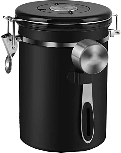 TurboEU 1,8Liter Kaffeedose Luftdicht mit Messlöffel, Kaffeedose Edelstahl Kaffeebohnenbehälter Vorratsdose Aromadose Vakuum Dose für Kaffeebohnen, Kaffeepulver, Tee, Kakao und Mehr (Schwarz)