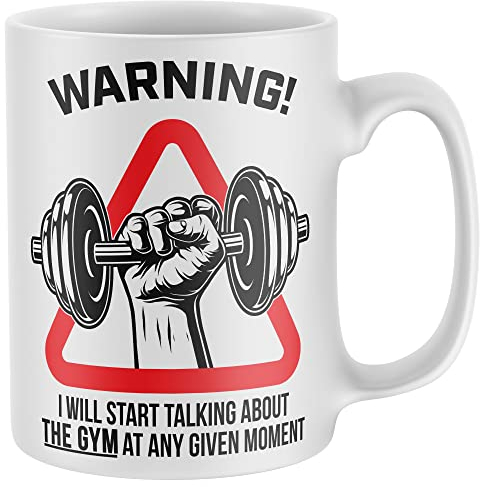 Purple Print House Warning Will Talk About The Gym Mug, Funny Coffee Cup, Fitness Gifts for Him, Gymwear Workout Birthday Present Ideas For Dad or Son, One Size, White
