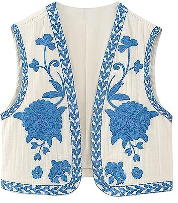 YILEEGOO Women Vintage Boho Floral Embroidered Gilets Sleeveless Crop Cardigan Tops Open Front Vest Outwear Jackets (Blue, M)