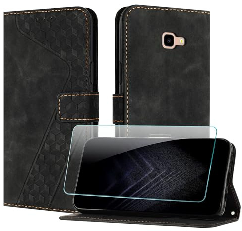 JayModCase Handyhülle für Samsung Galaxy J4 Plus mit Schutzfolie, Flip Wallet PU Leder Galaxy J4 Plus hülle [Kartenfach] [Magnet] [Ständer] 360 Stoßfeste Schutzhülle - Schwarz