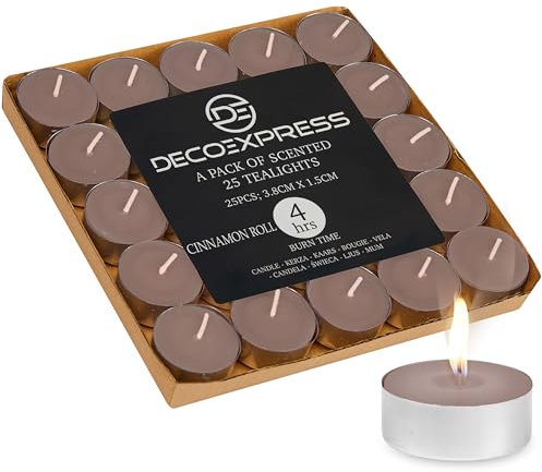 DECO EXPRESS Teelichter Großpackung, 24, 25, 50, 100 oder 200 Teelichter Lange Brenndauer 4, 8 oder 10 Stunden (Zimtschnecke 25/4 Stunden)