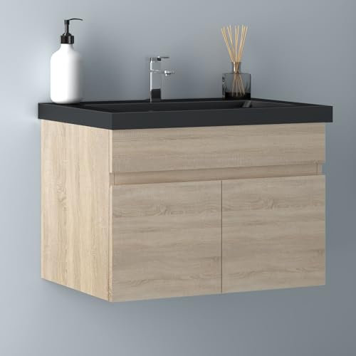 Biubiubath Badezimmer Badmöbel 60cm Schwarz Mineralguss Waschtisch mit Unterschrank Hängeschrank Eiche Matt Badezimmerschränke Badschrank mit 2 Soft-Close Türen