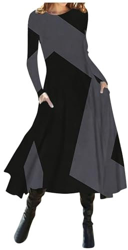 Kleid Winter Damen Lang A Linie Kleider Damen Elegant Schwingen Midikleid Damen Langarm Leicht Herbstkleid Midi mit Taschen Damenkleider Rundhals Farbblock Kleid Frauen Casual Winterkleid