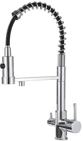 Vuadzren 3 Wege Küchearmatur Trinkwasserhahn Spiralfeder, 360° Drehbar Wasserhahn Küche mit Brause ausziehbar, 3 in 1 Mischbatterie Armatur für Wasserfilter (3 Wege(01), Chrom)