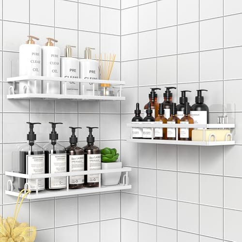 UUlioyer Etagère Douche sans Percage, Rangement et Organisation de la Salle de Bain, Etagere Rangement Murale (Blanc- 3 Pièces)