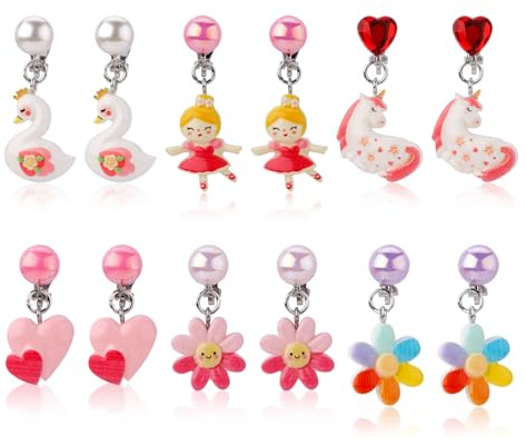 6 Paar Ohrclips für Mädchen, Ohrstecker Ohne Ohrloch Kinder mit Ohrpolstern Süßes Einhorn-Schwanenliebe-Design Ohrclips für Kinder Ohrclips ohne Loch Schmuckgeschenk für Mädchen