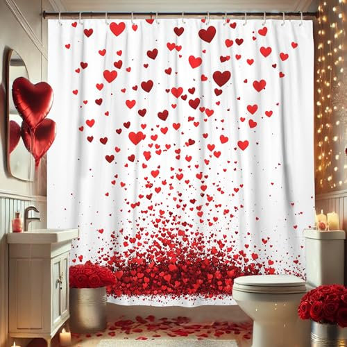 Rideau de douche à cœurs rouges, décoration romantique en forme de cœur pour décoration de salle de bain, Saint-Valentin, moderne, élégant, en tissu blanc, imperméable, avec crochets, 183 x 198 cm