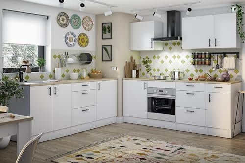 möbelando Küchen-Set >KIRA< Moderne Eckküche 420x211x60 cm, Weiß glänzend, Arbeitsplatte Canadian Eiche, Soft-Close-Schubladen, höhenverstellbare Füße, Aluminiumgriffe, zerlegt, pflegeleicht.