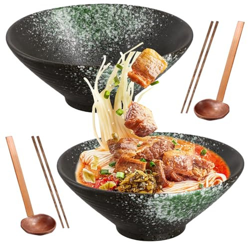 Mapille 2 Sets Ramen Schüssel Keramik Set, 2×1000ml Ramen Bowl mit Essstäbchen Löffel, Suppenschalen Rührschüsseln, Japanische Suppenschüssel, Salatschale für Nudeln Getreide Salate Müsli (B)