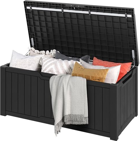 DWVO Garden Outdoor Storage Box with Cushion|450L 142.1x67.7x60cm|Versatile Bench or Table|Resin Deck Box for Patio Pillows, Tools,Pool Accessories|Waterproof||Lockable|(Black)