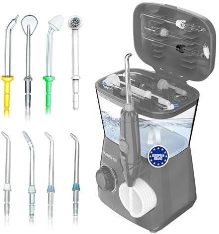 Munddusche Aquapik 100 Tischgerät – von Zahnärzten empfohlener Plaqueentferner mit 8 Düsen, 10 Druckstufen, 600 ml Tank, 360° Drehkopf, 100 cm Schlauch, Ideal für Implantate & Kieferorthopädie