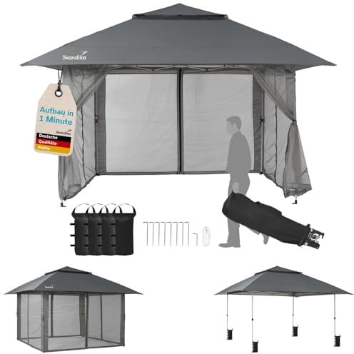 Skandika Pavillon Solvorn 3 x 3 m Plus |Pop Up Faltpavillon mit Stahlgestell & Moskitonetz, 9 m², 2,8 m Höhe, Einhand-Mechanismus, UV-Schutz 50+, wetterfest, feuerfest | Partyzelt, Garten, Camping