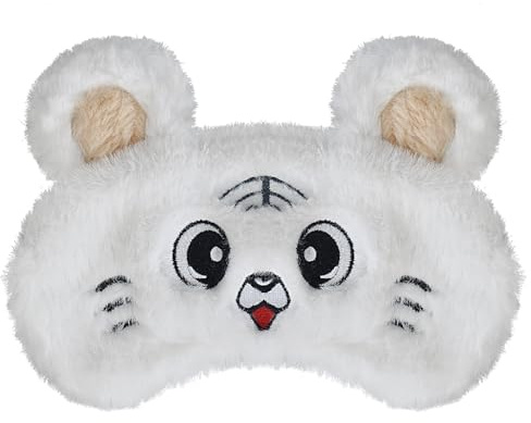 Ulife Mall Funny Cute Tiger Sleep Mask Soft Fluffy Plush Blindfold Funny Novelty Fruits Eye Mask Eye Cover Shade for Girls Boys Women Men Night Nap Travel Meditation,White A