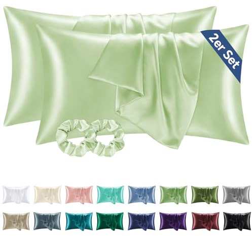 BEDELITE Satin Kissenbezug 2er Set 40x80 Hellgrün | Seidenkissenbezug Alternative, Weich für Sommer, 2 Haargummis inklusive, für Haar und Haut