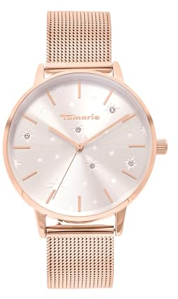 Tamaris Damenuhr – Schlichte, runde Armbanduhr für Damen 36 mm - Armbanduhr mit Edelstahl Meshband in Silber, Gold, Roségold, Schwarz, Blau, Grün, Lila UVM, wasserfest