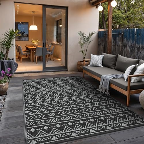 GENIMO Outdoor Teppich Wetterfest Schwarz Grau 240x300cm | Outdoor Matte Reversibel UV-Schutz Wetterfest Garten Camping Terrasse Schwarzgrau