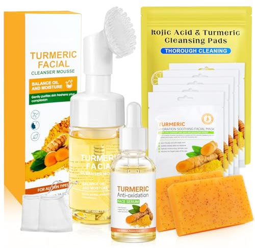 ALLFYL 6 Stück Kurkuma Gesichtspflege Set mit Kojic Acid Soap Kurkuma‑Waschgel Serum Reinigungspads Gesichtsmasken & KurkumaSeife