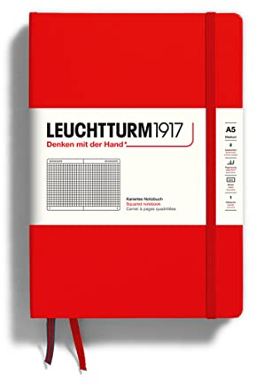 LEUCHTTURM1917 312564 Notizbuch Medium (A5), Hardcover, 251 Nummerierte Seiten, Rot, Kariert