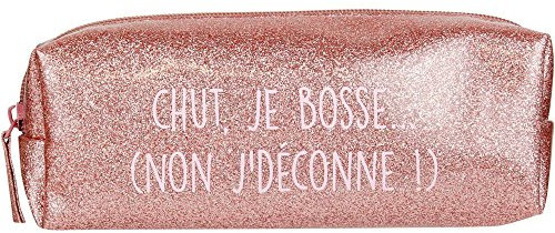 Les Vilaines Filles 38-VF-016 Trousse à crayons Chut je bosse Non j'déconne Rose Paillettes Polyuréthane Fermeture zip H8 x 7 x 21 cm