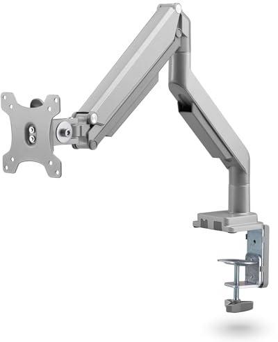 Ergolutions® Single Gasdruck Monitorarm Silber- Flexibel Verstellbar, VESA-kompatibel, Robuste Bauweise, Bis 8kg, Kabelmanagement, Für alle Schreibtische, Curved-Monitor geeignet, 5 Jahre Garantie