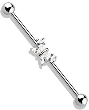 Autiga® Industrial Stab Piercing Ohr Stecker Schmetterling Butterfly Zirkonia Kristalle Straight Barbell Silber