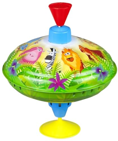 Lena 52263 Toupie Les Animaux de la Jungle, Ø 16 cm, en métal, toupie à Pompe Classique, toupie avec piédestal, pour Enfants à partir de 18 Mois