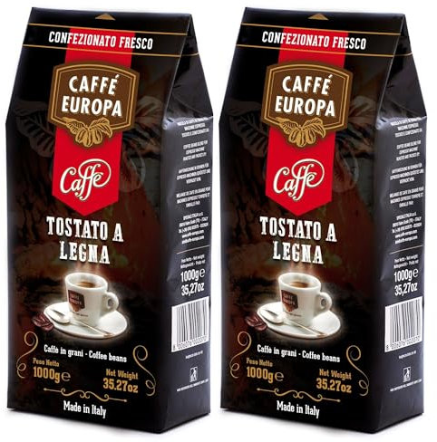 Caffe Europa in Grani - Caffè in Grani Tostato a Legna, Caffè dal Gusto Delicato, Aroma Intenso, Miscela 70% Arabica - 30% Robusta,1Kg, 2 Confezioni