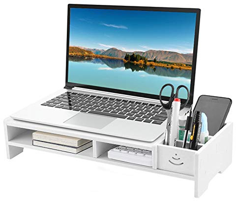 Monitor Stand White Computer Monitor Riser PVC Artificial Board Desk Rack for Computer Laptop, with Storage Compartments, Material Thickness 8mm, 49 x 20 x 10cm/19.29 x 7.87 x 3.94in