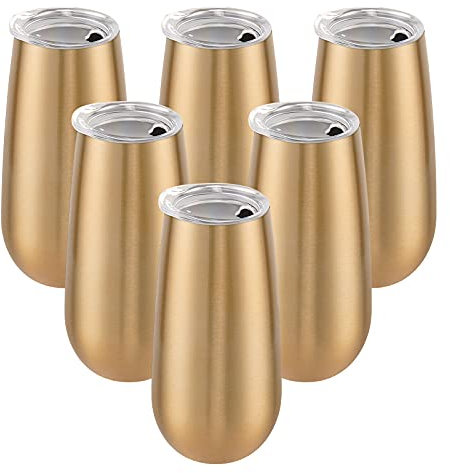 6 Pack Stemless Double Insulated Champagne Flute Tumbler with Lid, 6 Oz Unbreakable Reusable Cocktail Cups Champagne Toasting Glasses, Birthday Christmas Gifts for Friends, Wine Glass Tumbler, Golden