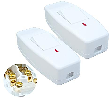 2x Zwischenschalter Schnurschalter 2 polig 6A 230VAC mit Wippe Schnurzwischenschalter für 2 adrige Kabelschalter Weiß