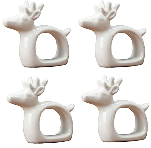 Porzellan Hirsch Serviettenringe Weihnachten Rentier Dekoration Cottage Hirsch Serviettenring Halter für Esszimmer Tischdekoration, 4 Stück Weiß Hirsch Serviettenhalter für Weihnachten Hochzeit