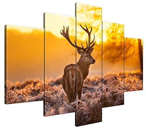 Estika Leinwand bilder - Hirsch - 150x105 cm, 5 teilige kunstdruck - Wandbilder wohnzimmer, schlafzimmer, Moderne wanddeko, Bild auf leinwand - Hirsch bilder - 1281A_5H