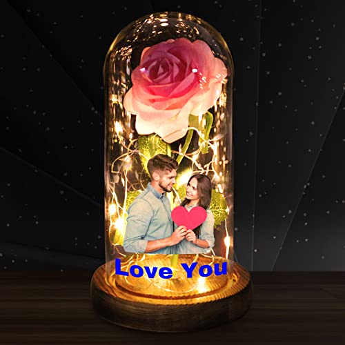 Aolun Oeuvre de Rose Photo personnalisée, Rose dans l'art de la Fleur éternelle du dôme de Verre avec légende, Cadeau pour la Saint-Valentin des mères