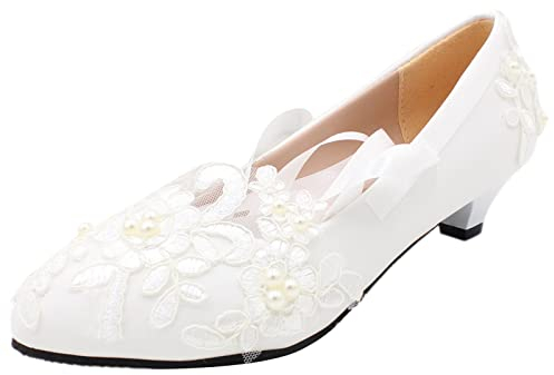 Jamron Damen Elegant Spitzenbesatz 3CM Absatz Weiß Hochzeitsschuhe Pumps mit Perlen SN070427 EU40