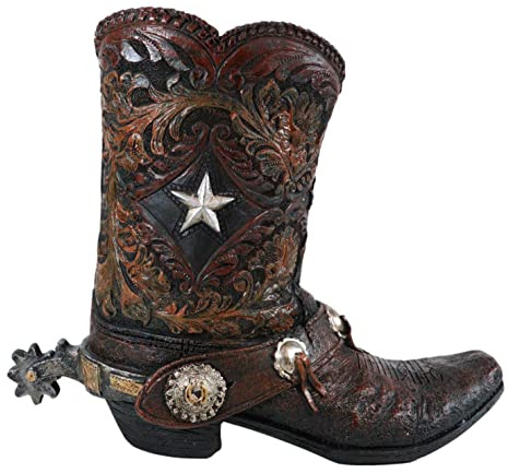 Ebros Gift Rustic Western Texas Star Cowboy Boot and Spur in Floral Lace Faux Tooled Leather Wine Holder Or Planter Vase 8 H Figurine Wild West Bottle Caddy Cowboys Cowgirls Boots Themed Bar Accent