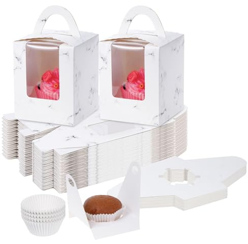 TsunNee 50 Stück Einzelne Cupcake-Boxen mit Cupcake Liners, individuelle Cupcake-Boxen, Papier Bäckerei Boxen behandeln Boxen für Geburtstag Hochzeit Baby-Dusche Party Gefälligkeiten