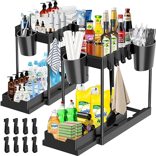 BARAKYEG Rangement sous Evier Cuisine à 2 Niveaux Lot de 2,Étagère avec 8 Patères et 4 Vasques Suspendues, Organisateur tiroir