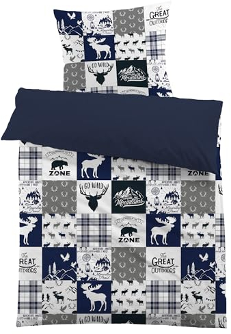 Weihnachten Bettwäsche 135x200 Weihanchtsdeko Karomuster Blau Kariert Hirsch-Motiv Mikrofaser 3D-Druck Davidshirsch Hirschkopf Bettbezug 1 Kissenbezug 80X80cm 2-teiliges Bettwäsche-Set Einzelbett