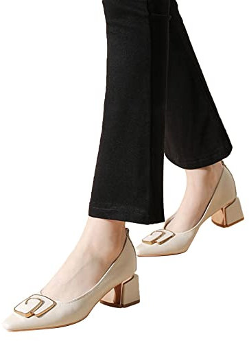 PTKG Chunky Blocco Basso Tacco Heels Pelle Scarpe con Tacco Donna Classiche Pumps Alto con Tacco Largo Ballerine A Blocco Medio Tacco 5CM,Beige,40EU